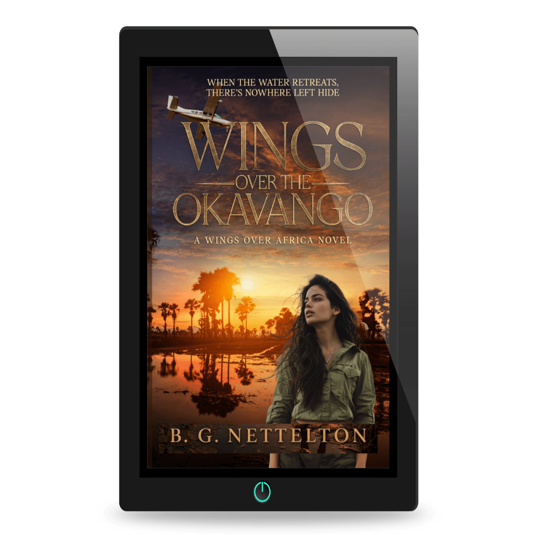 cover showing a young woman in the Okavango Delta with a plane overhead