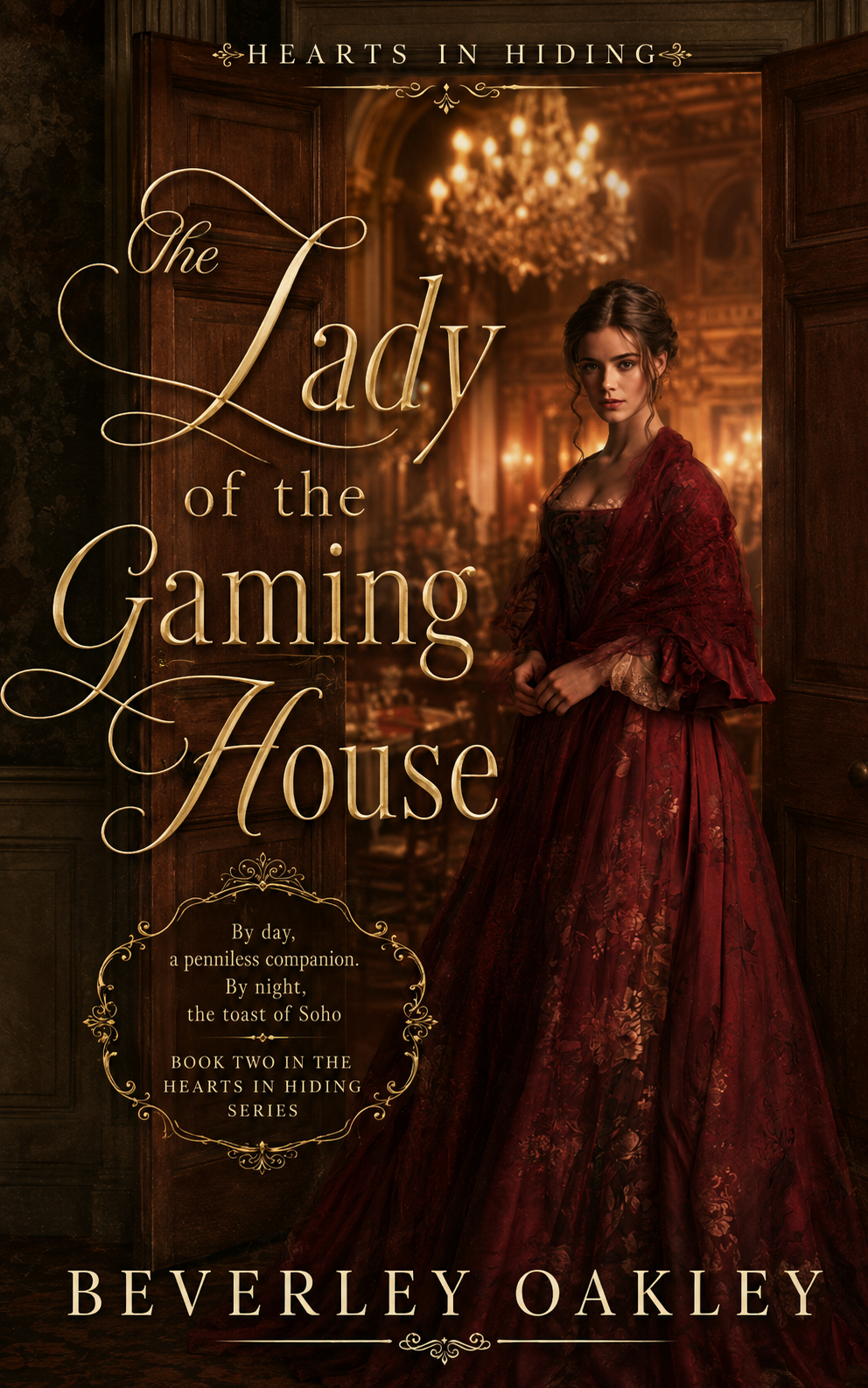 A YOUNG WOMAN in a scarlet dress by a gambling den