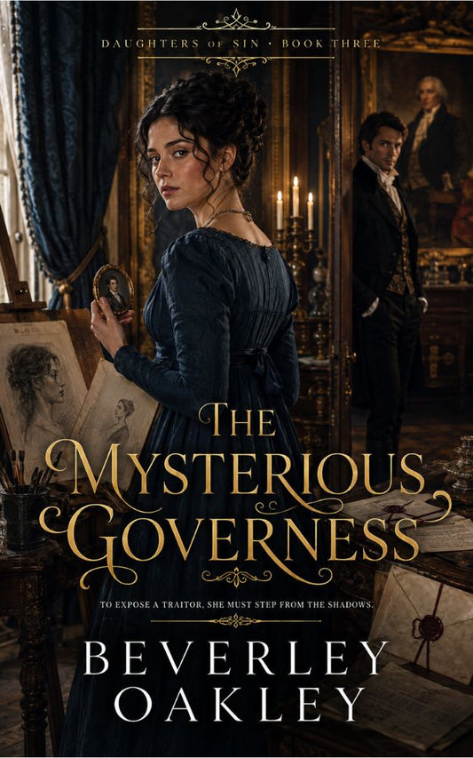 Dark-haired young woman with painting, being watched by a handsome man in a Regency romance book cover.