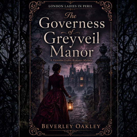 Baudioook cover for 'The Governess of Greyveil Manor' by Beverley Oakley, featuring a Victorian woman in a dark red gown holding a lantern in front of a gothic mansion at night.