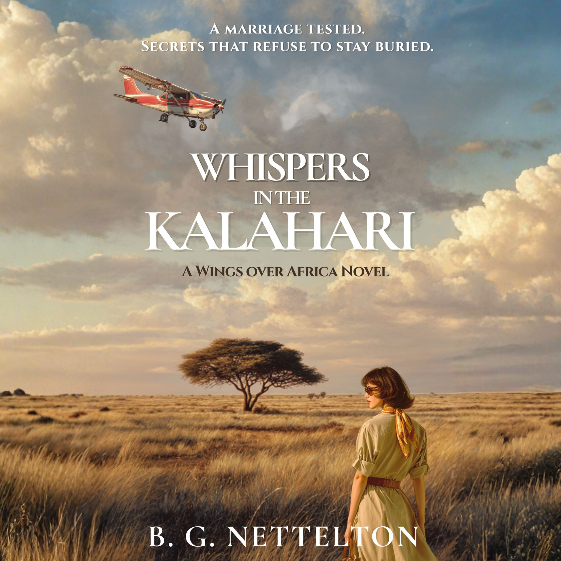Young woman in the grassy kalahari desert with a plane overhead