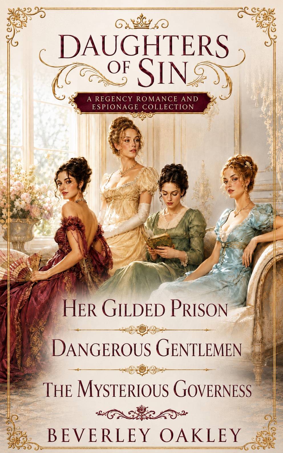 4 sisters sitting in a Regency-era drawing room
