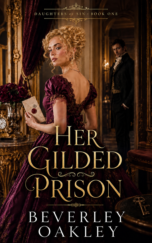 Woman in purple dress being watched by a man for a Regency romance.