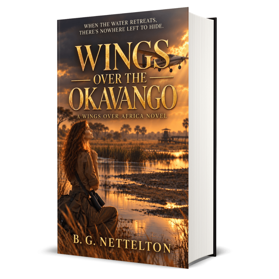 physical book image of wings over the okavango with young woman looking at the drought-stricken okavango