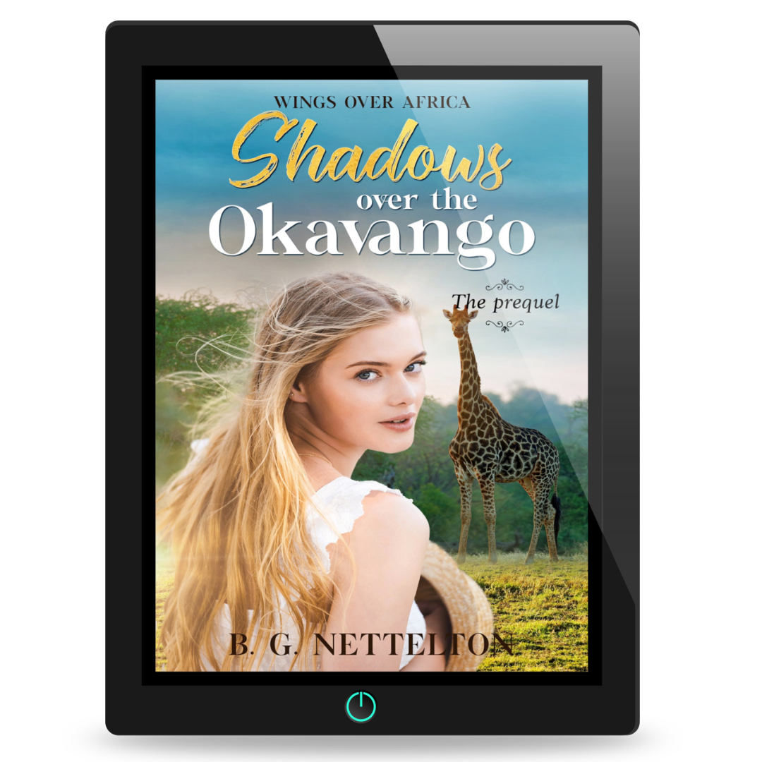 E-reader displaying the book cover of 'Shadows over the Okavango' by B.G. Nettelton