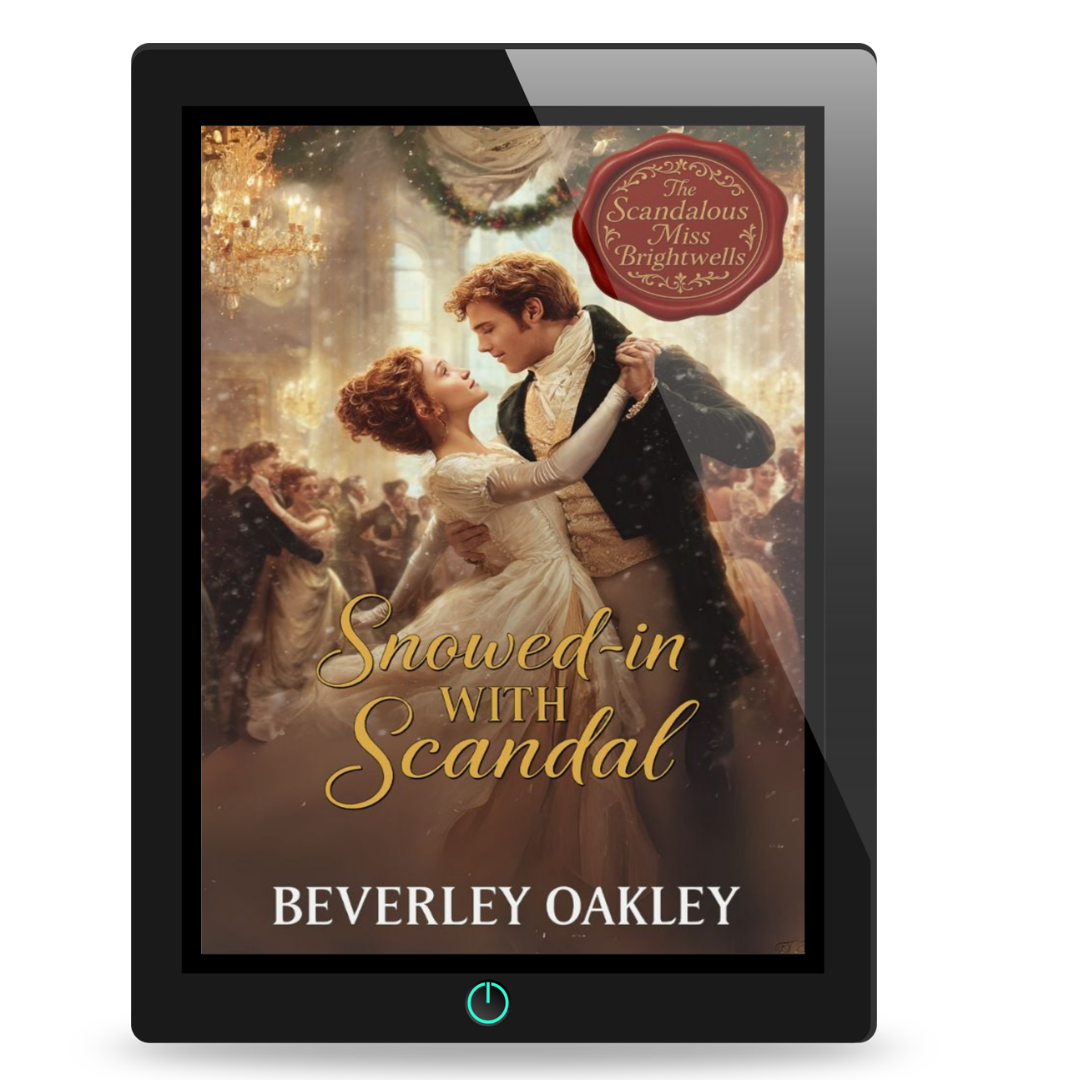 E-reader displaying a book cover with a couple dancing and the title 'Snowed-in with Scandal' by Beverley Oakley.