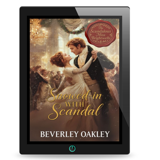 E-reader displaying a book cover with a couple dancing and the title 'Snowed-in with Scandal' by Beverley Oakley.
