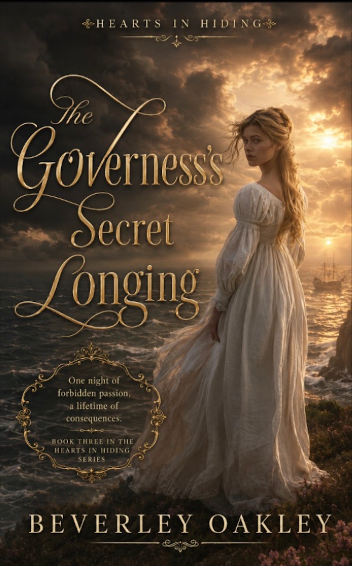 A beautiful young woman in a white gown standing on a cliff looking out to sea