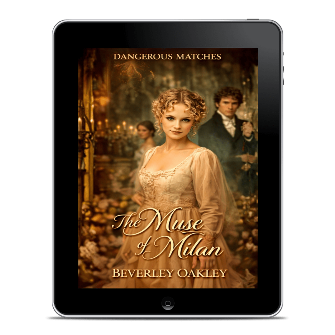 Ebook cover of 'The Muse of Milan' by Beverley Oakley displayed on a tablet.