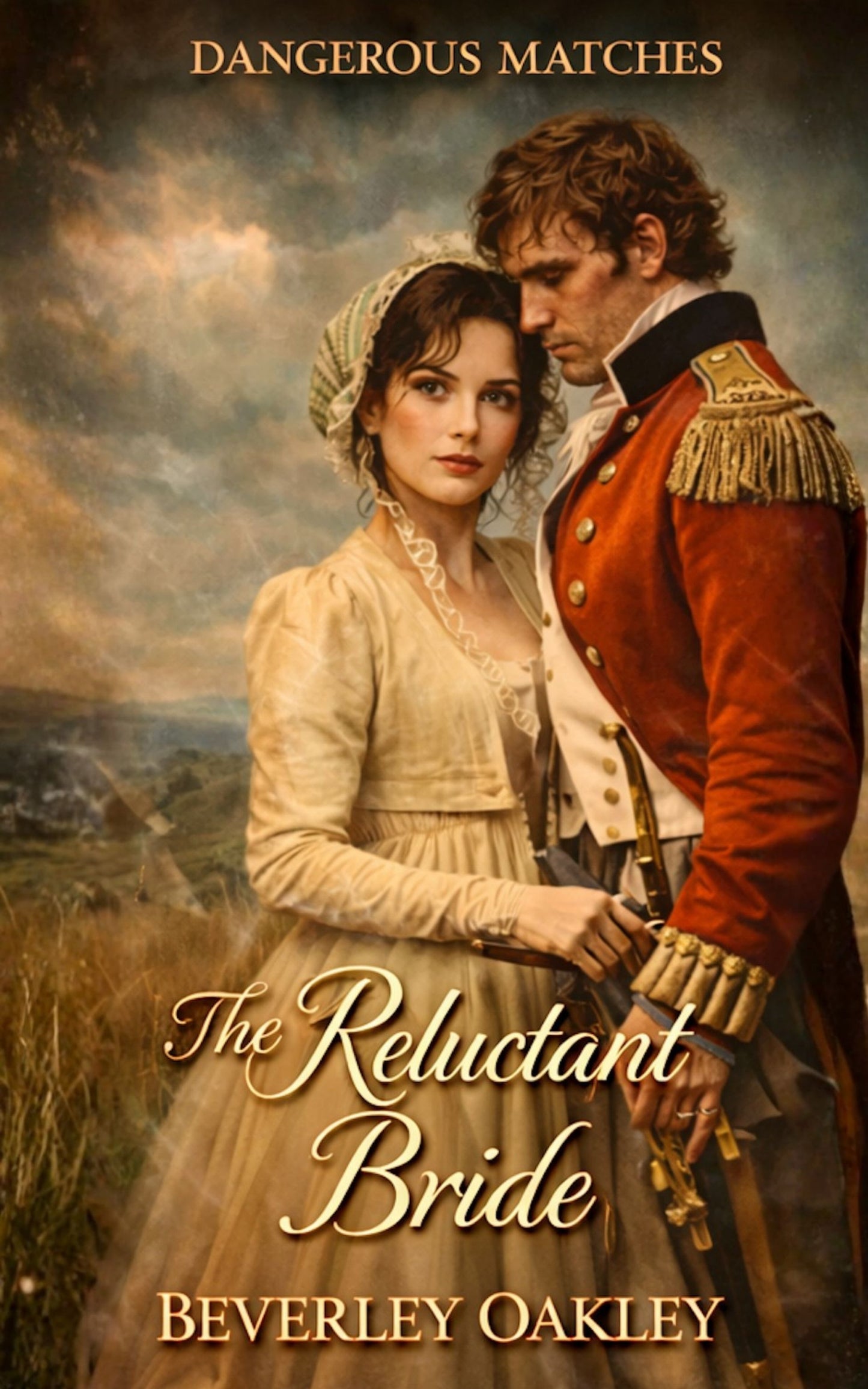 Book cover of 'The Reluctant Bride' featuring a man and woman in historical attire with a scenic background.