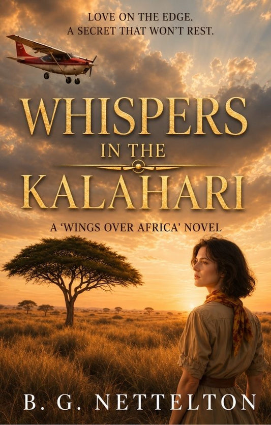 Image of a woman in the kalahari desert with a plane