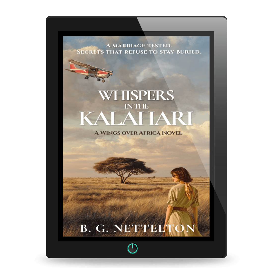 E-reader displaying the book cover of 'Whispers in the Kalahari' by B.G. Nettleton.