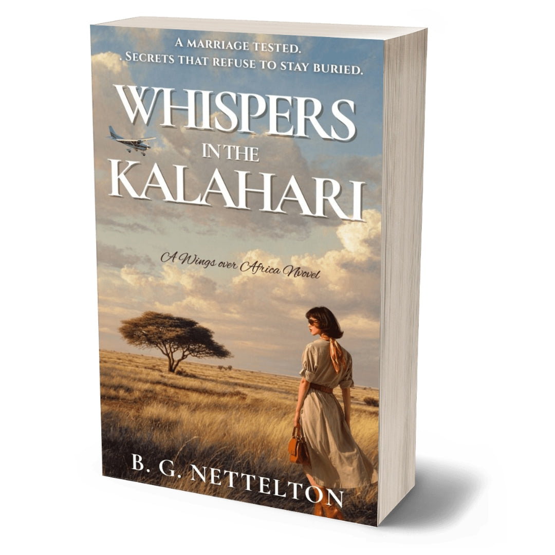 PHysical copy image of Africa-set historical fiction, Whispers in the Kalahari.