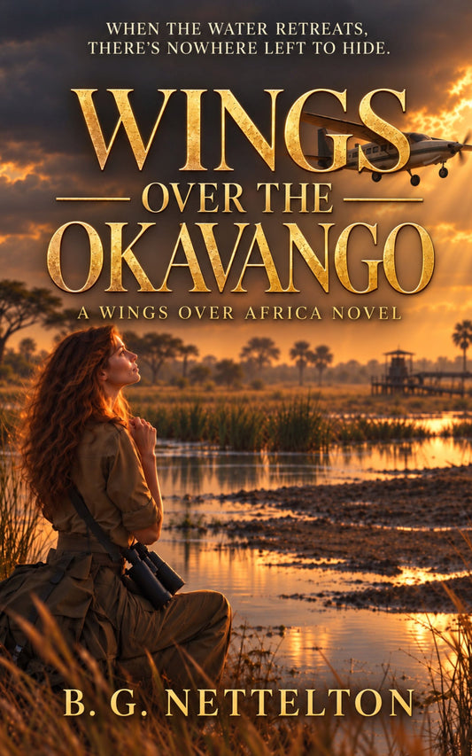 book cover of wings over the okavango with young woman looking at the drought-stricken okavango