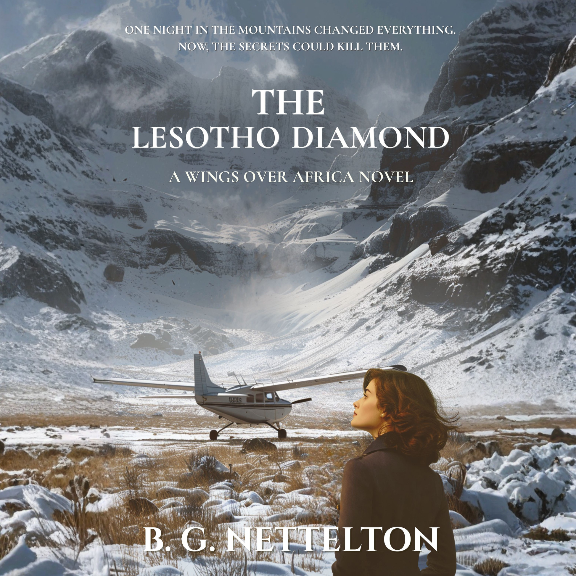 girl looking into the mountains by a plane for a book cover