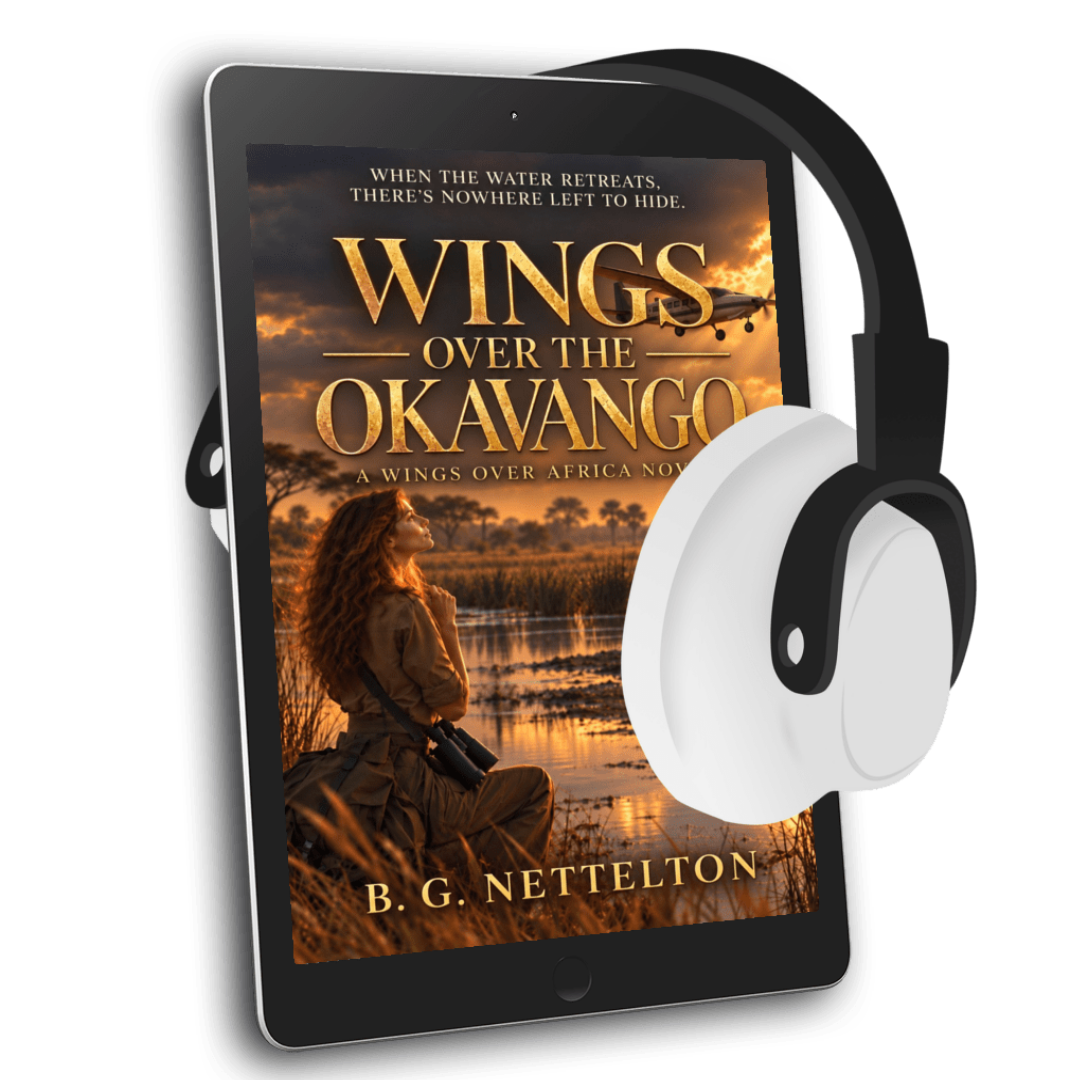 audiobook image of wings over the okavango with young woman looking at the drought-stricken okavango